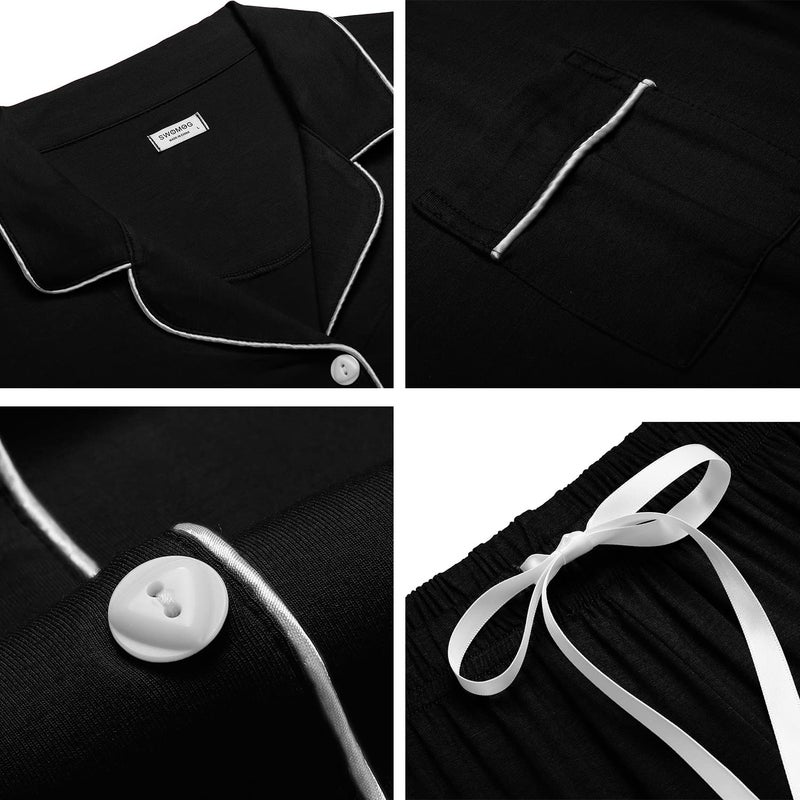 SWOMOG Womens Button Down Pajamas Set Short Sleeve Sleepwear Bride Soft Pj Lounge Sets XS-3XL Black Small - Image 5